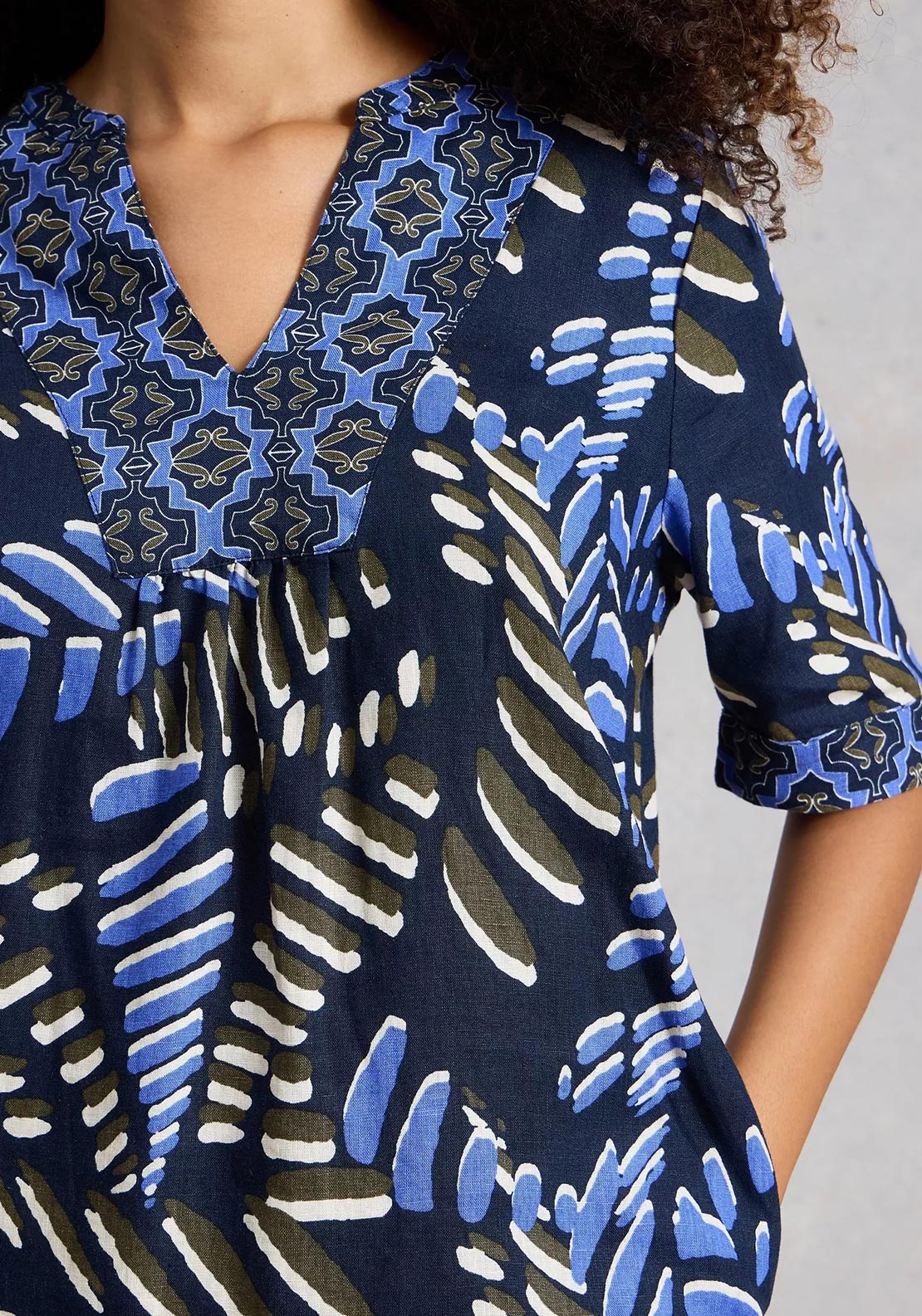 White Stuff Ash Notch Neck Linen Printed Dress, Navy Multi