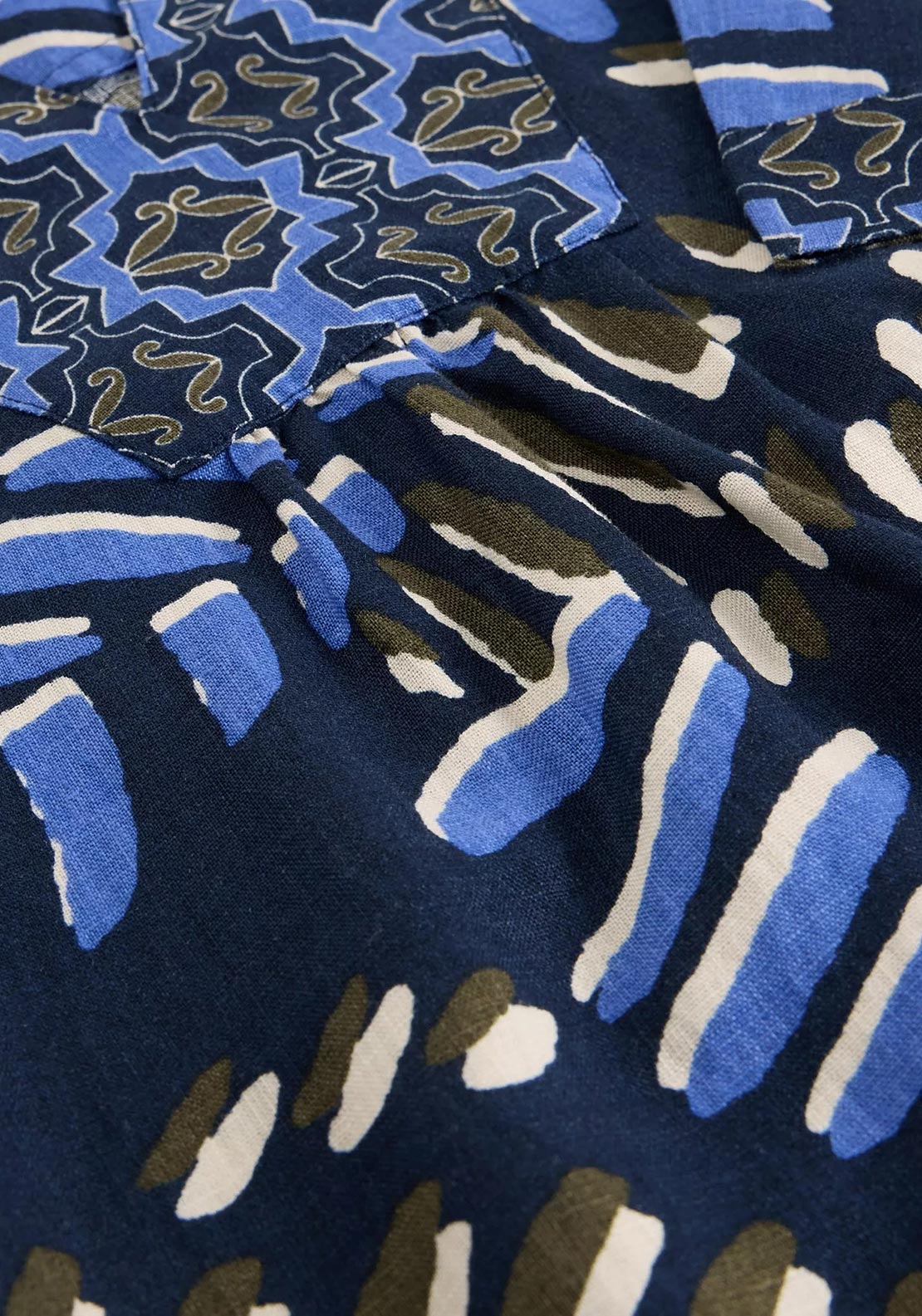 White Stuff Ash Notch Neck Linen Printed Dress, Navy Multi
