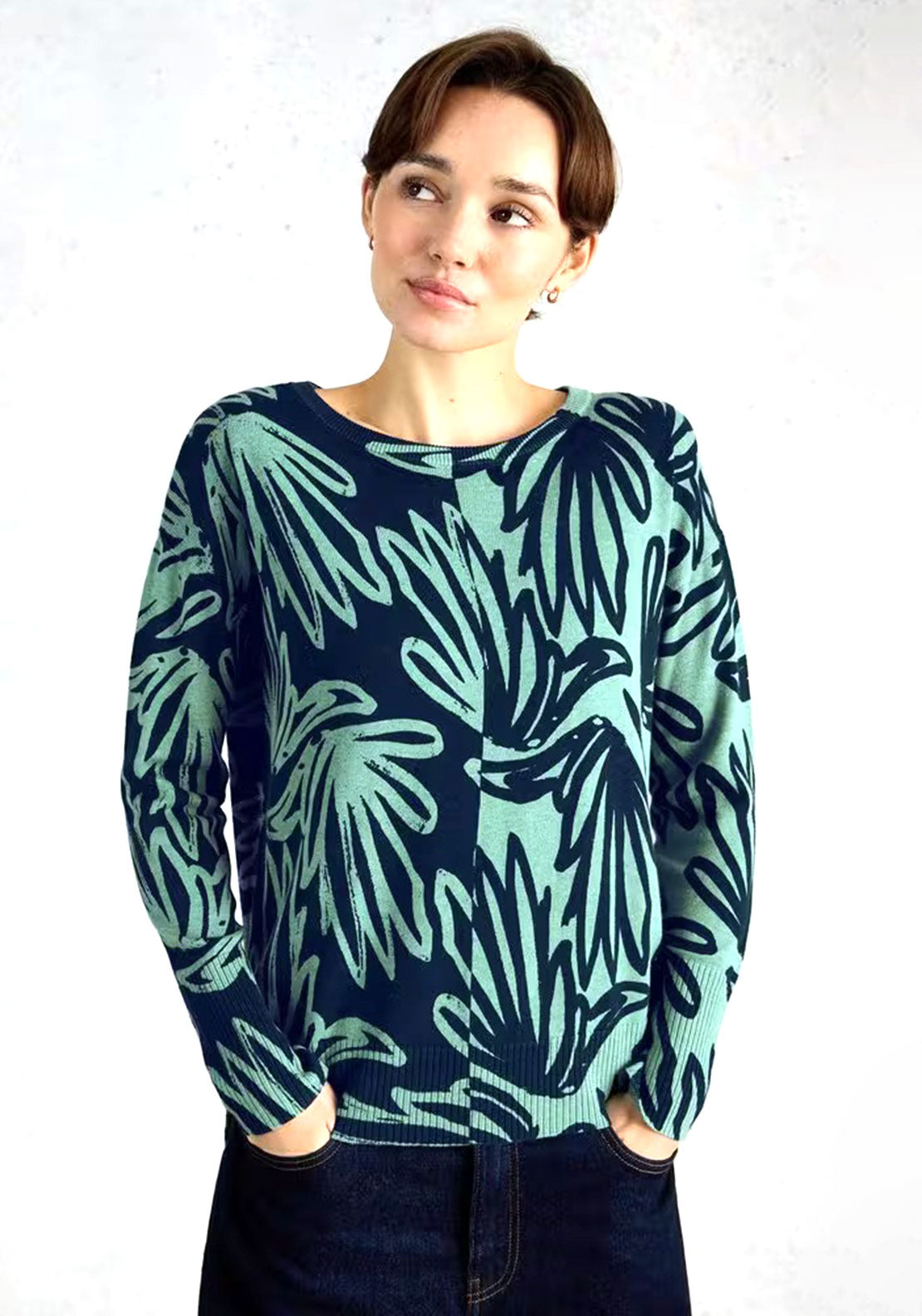 White Stuff Olive Printed Round Neck Jumper, Green
