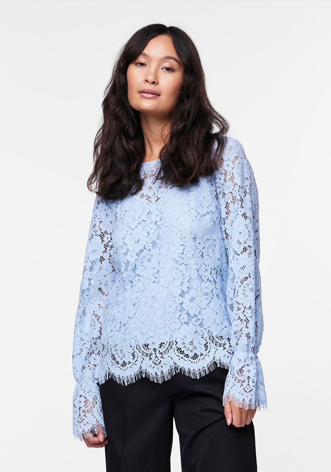 Y.A.S Perla Frill Cuff Lace Top, Clear Sky Blue - McElhinneys