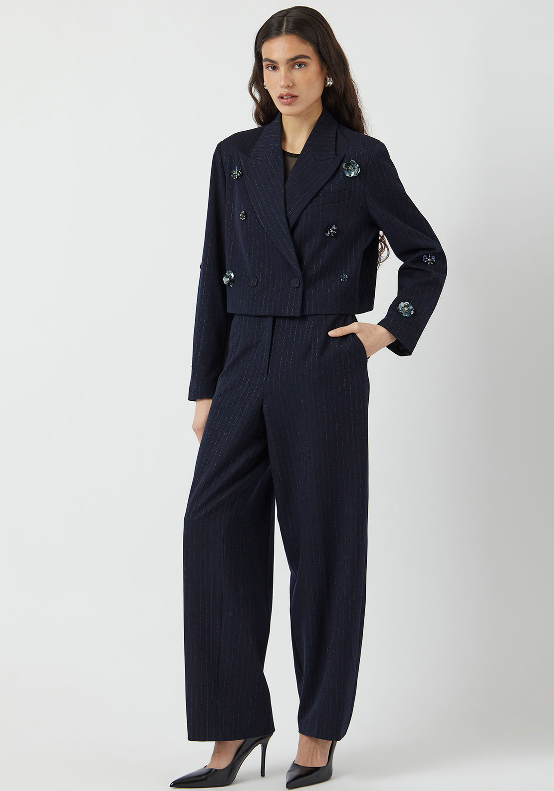 Y.A.S Midnight Embellished Cropped Blazer, Navy