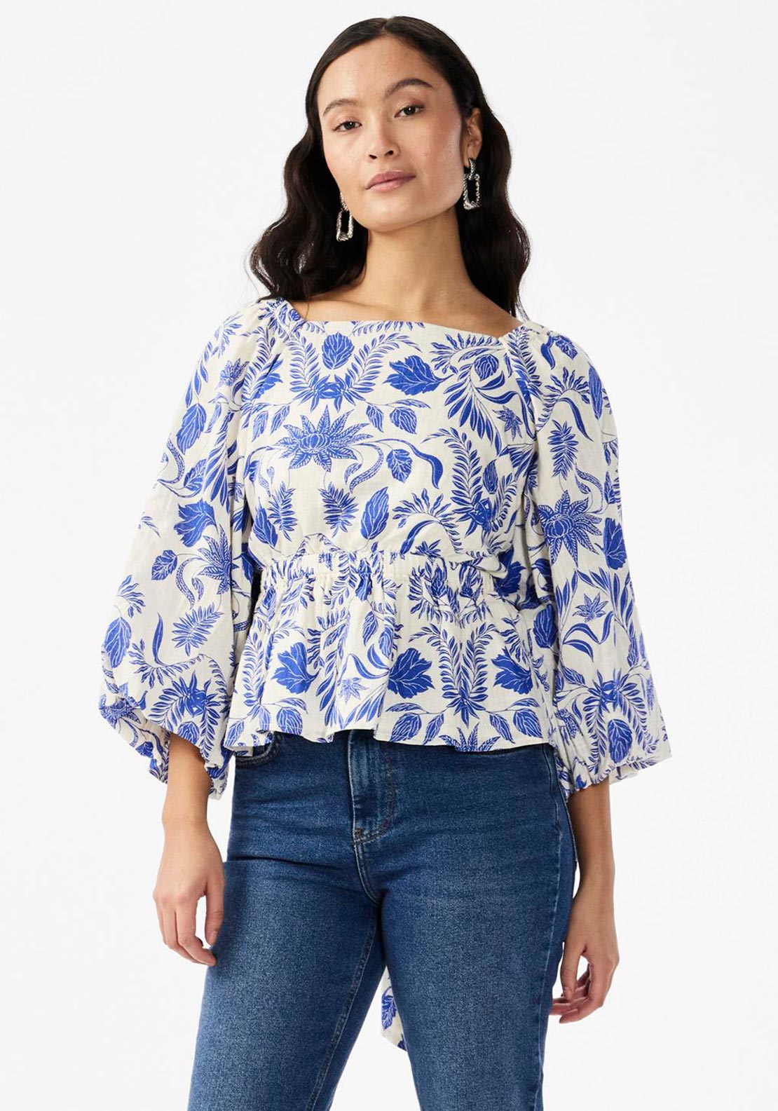Y.A.S Billie Three Quarter Sleeve Leaf Printed Top, Star White & Blue