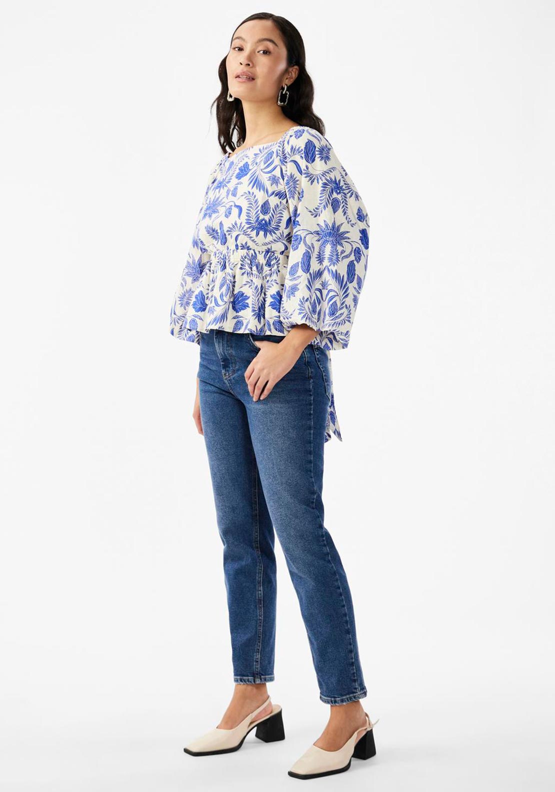 Y.A.S Billie Three Quarter Sleeve Leaf Printed Top, Star White & Blue