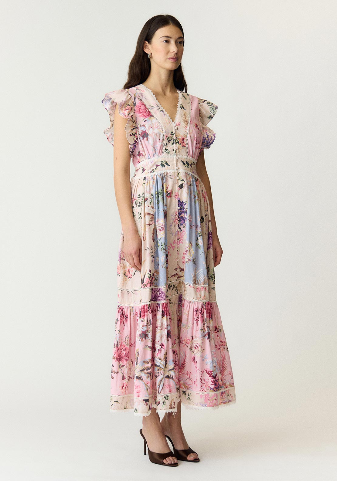YAS Messa Floral with Lace Detail Maxi Dress, Pink Multi