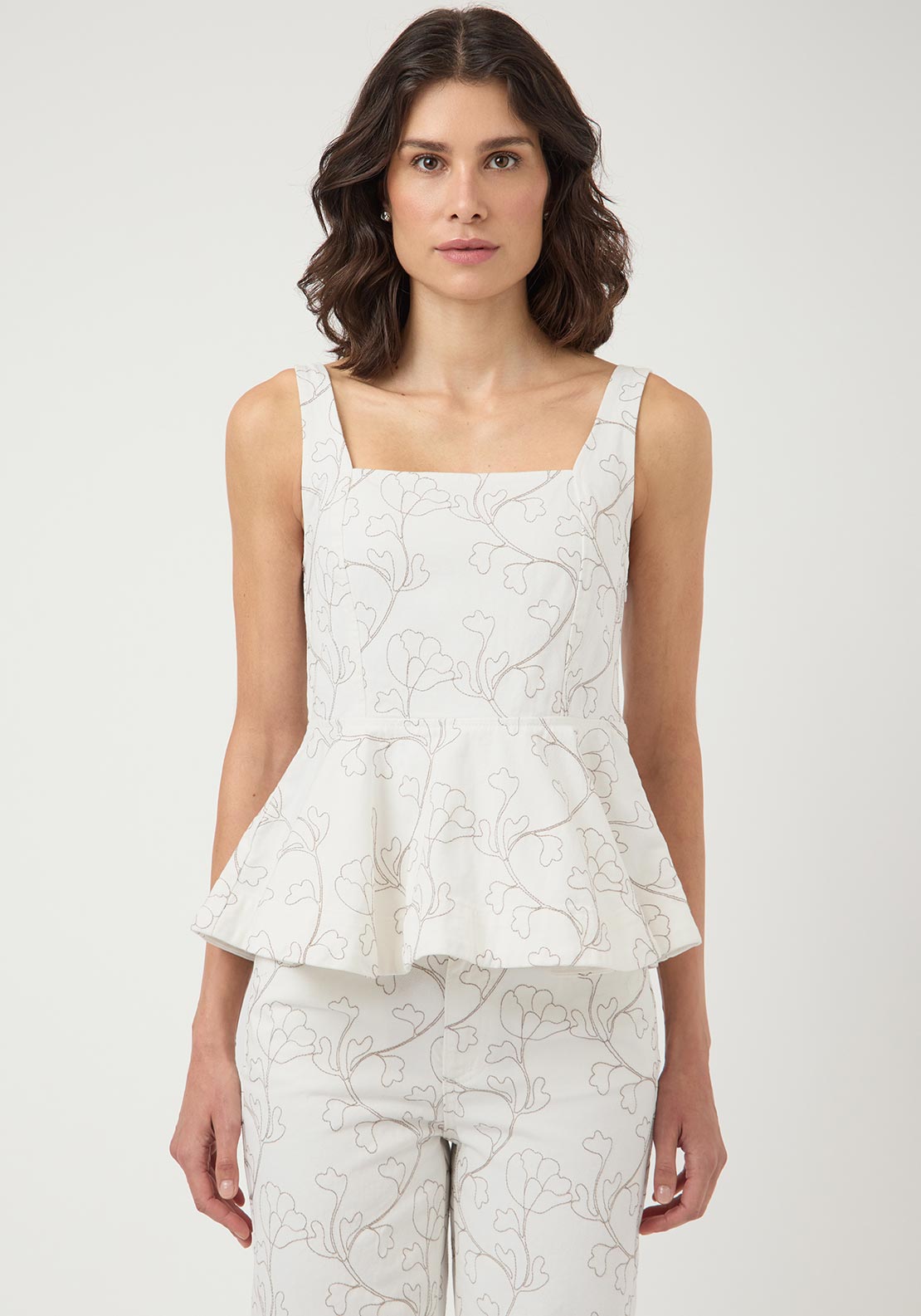 Y.A.S Bluma Embroidered Denim Peplum Top, White