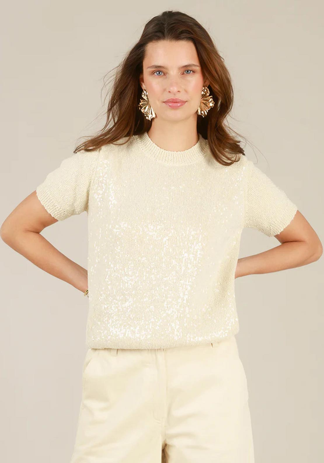 Yest All Over Sequin Short Sleeve T-Shirt, Cream