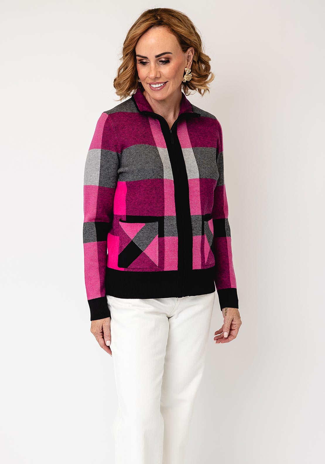 Alison Sheri Checked Zip Up Jacket, Pink Multi