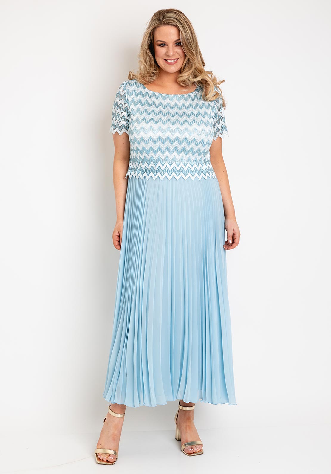 Allison Zig Zag Lace Overlay Pleated Maxi Dress, Sky Blue