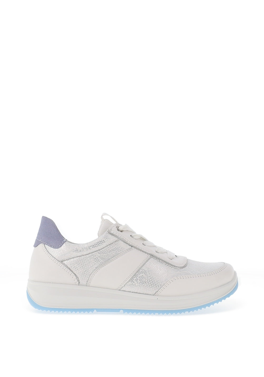 Ara Pebble Wide Fit Leather Metallic Snake Printed Trainers, White & Blue