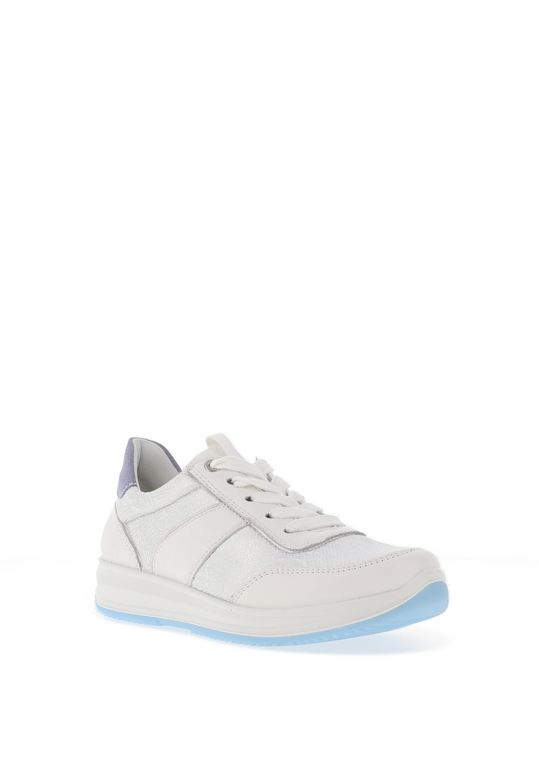 Ara Pebble Wide Fit Leather Metallic Snake Printed Trainers, White & Blue