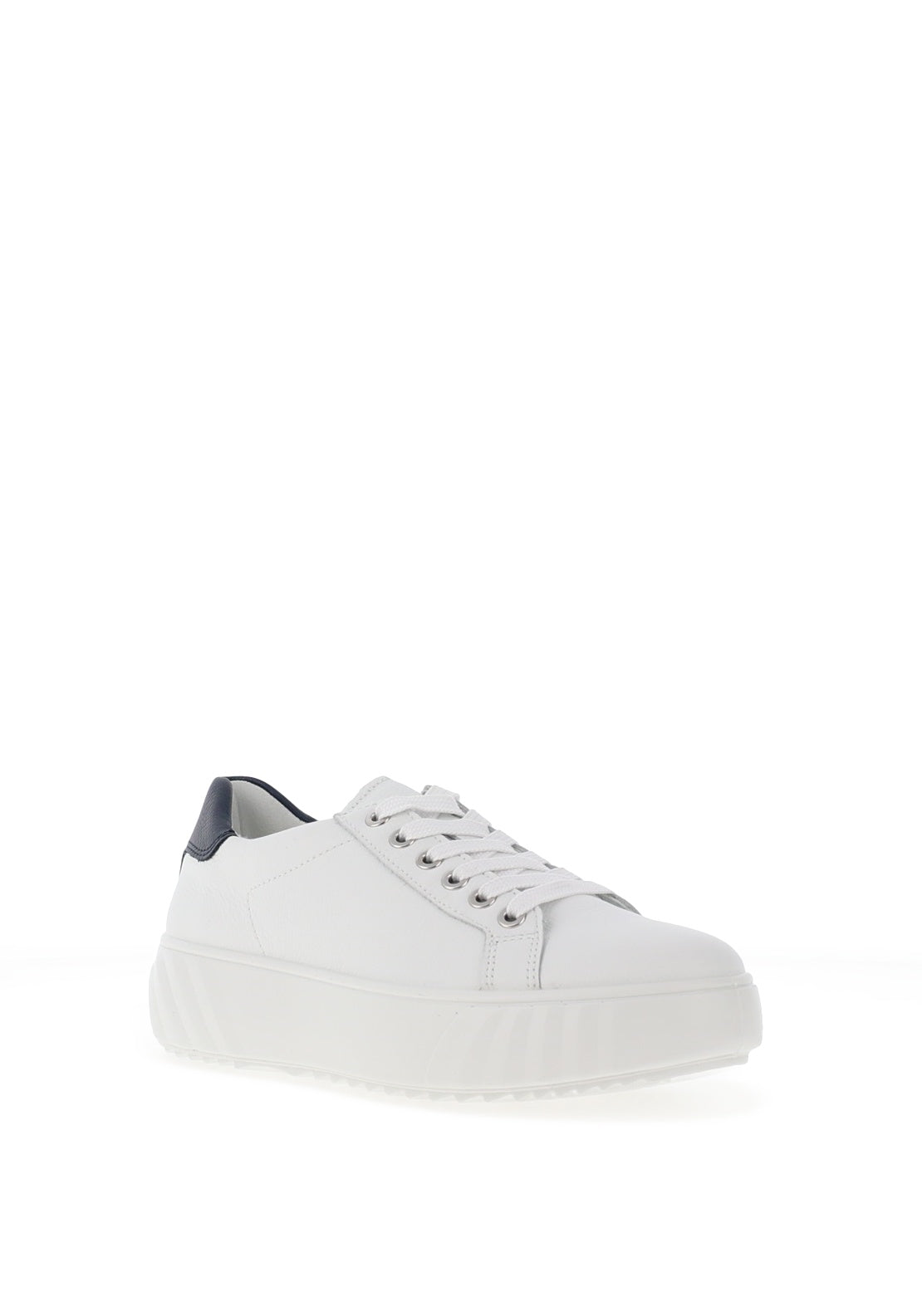 Ara Pebble Wide Fit Leather Platform Laced Trainers, White & Navy