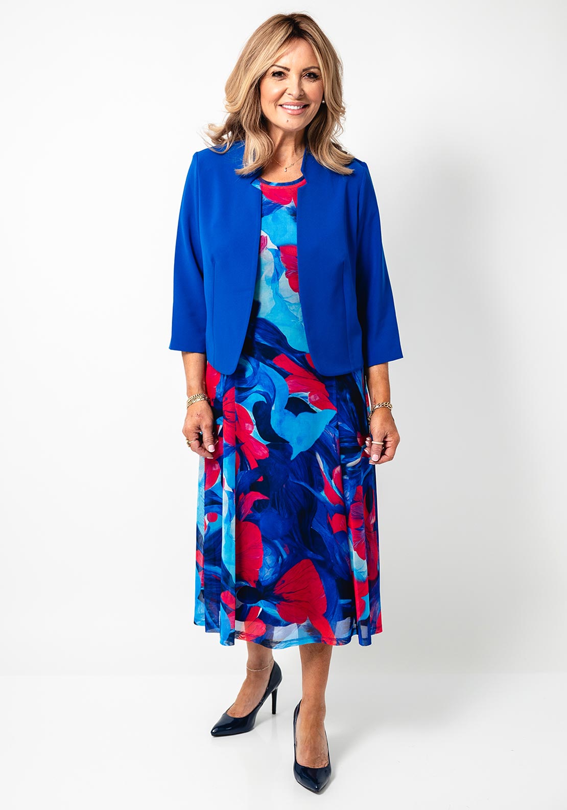 blue dress with bolero Avalon Abstract Floral Print and Set, Royal Winston Black Polka Dot hang the bolero separately Fit:Petite Brands: Finelines