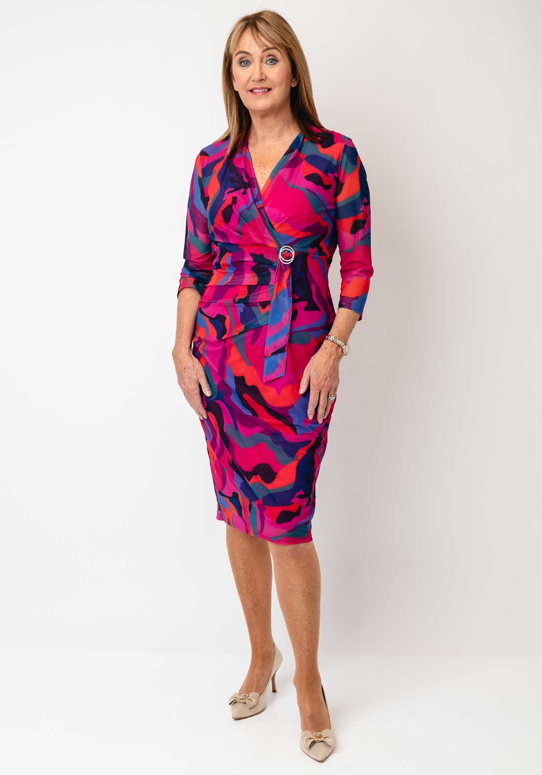 Avalon Colourful Print Mesh Pencil Dress, Pink McElhinneys