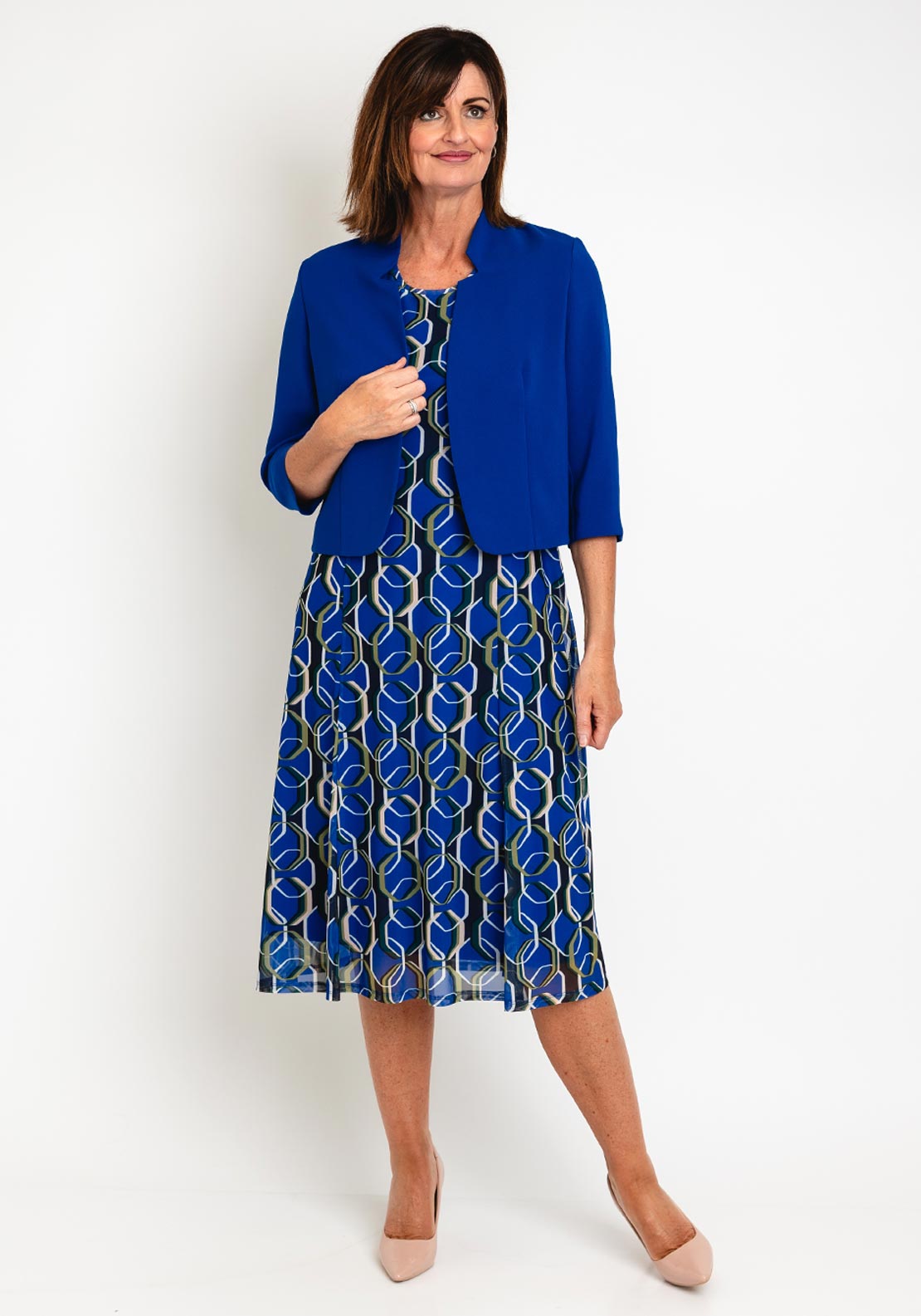 Avalon Two Piece Bolero & Dress, Blue Geo - McElhinneys
