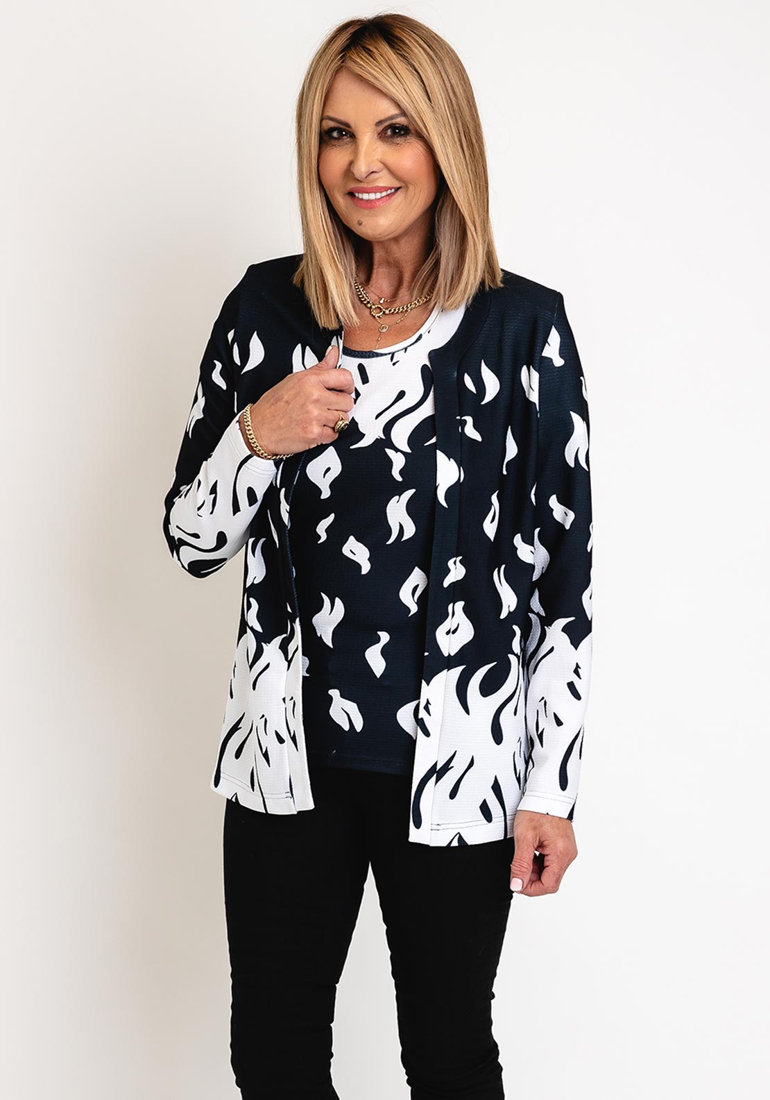 Avalon Flame Print Top Cardigan Twinset, Black White McElhinneys