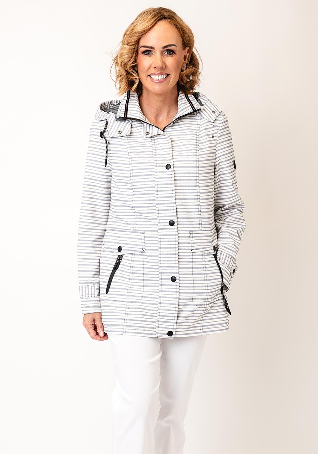Barbara Lebek Striped Waterproof Coat, White and Blue McElhinneys