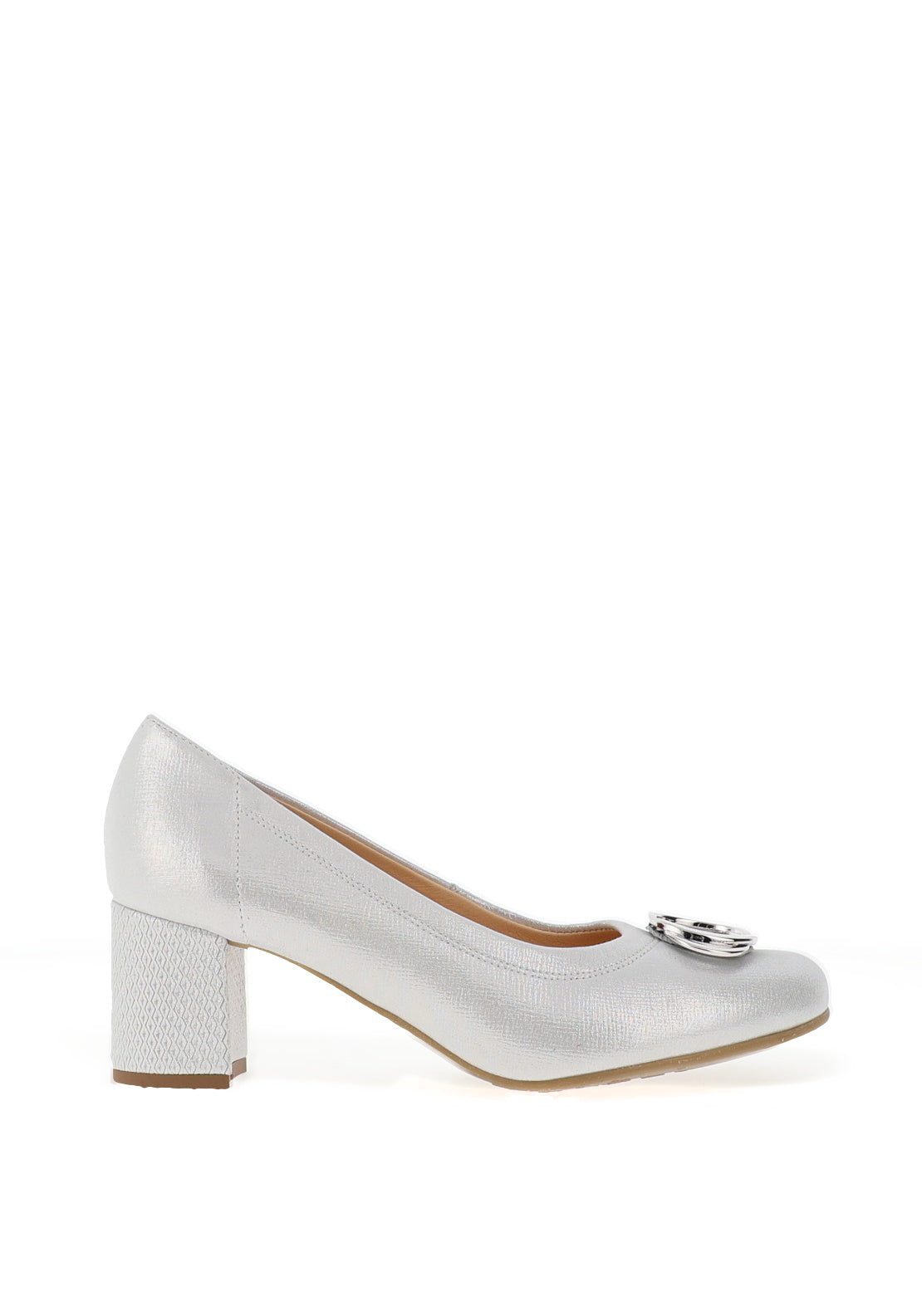 Bioeco by Arka Wide Fit Shimmering Leather Brooch Detail Heeled Pumps, Silver