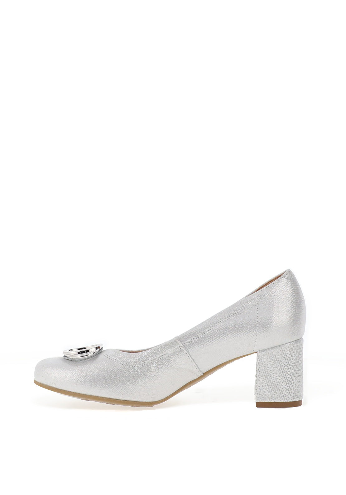 Bioeco by Arka Wide Fit Shimmering Leather Brooch Detail Heeled Pumps, Silver