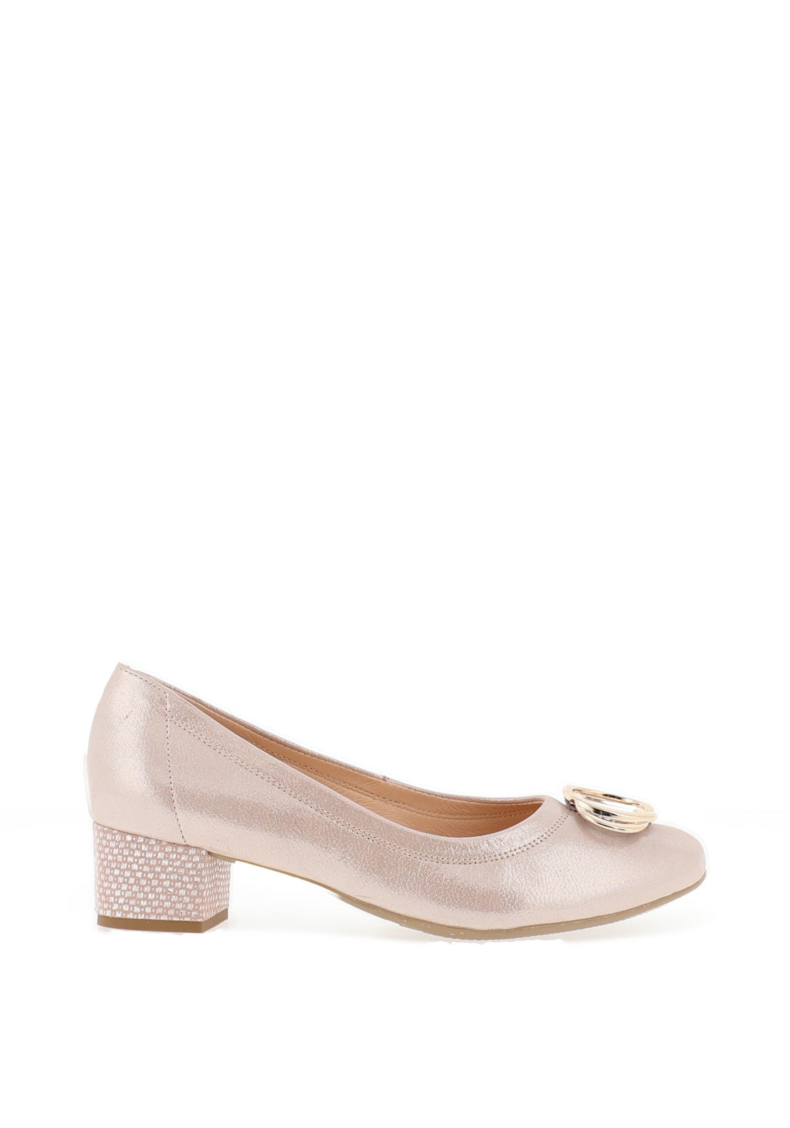 Bioeco by Arka Shimmer Gold Brooch Low Block Heel Shoes, Blush Pink