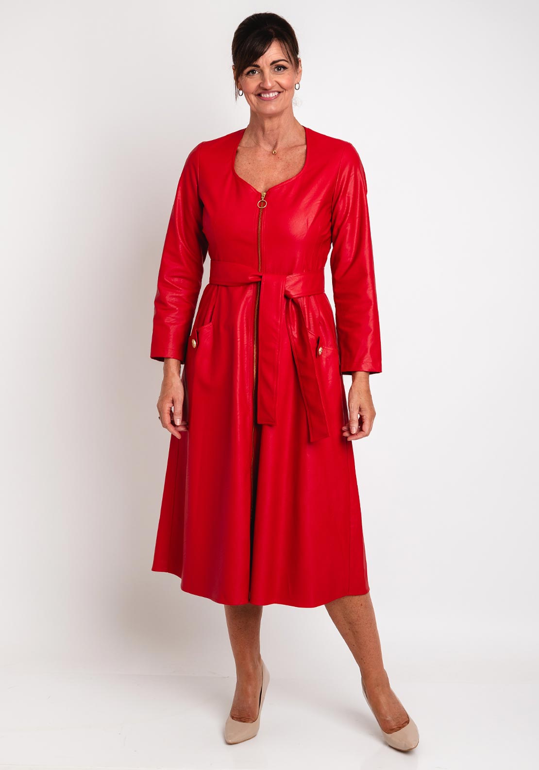 strapless open back dress Camelot Faux Leather, Belted Waist Midi Dress, Red