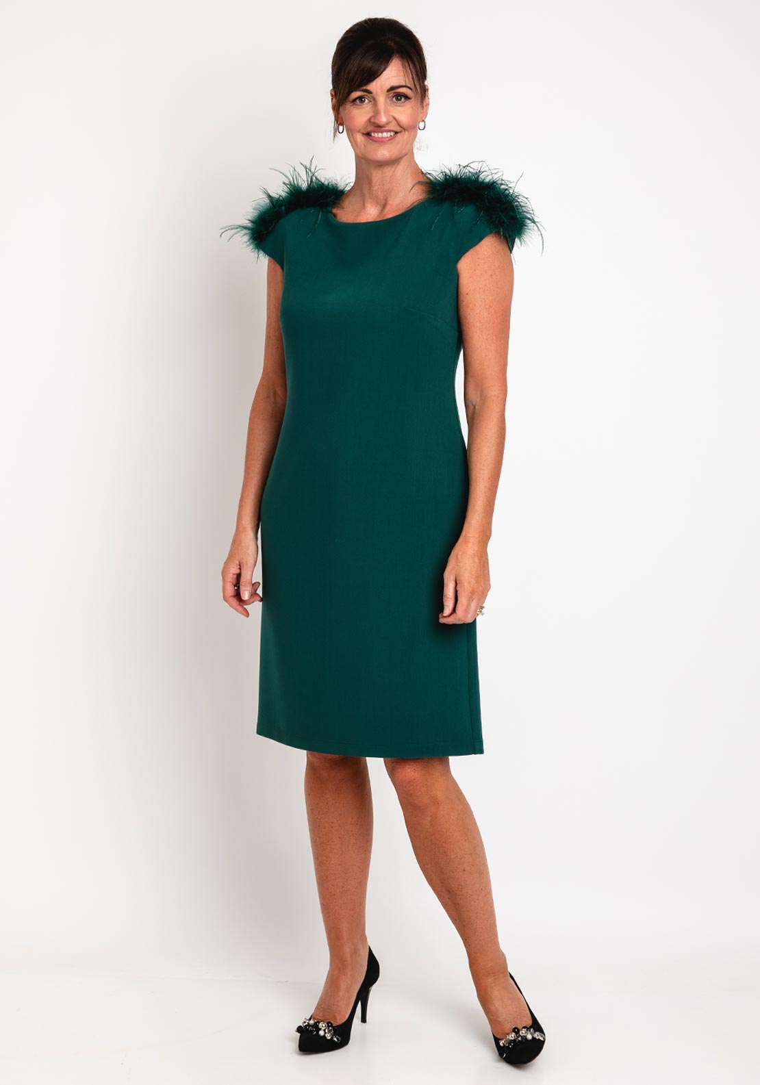 Camelot Feather Trim Shoulder Knee Length Dress, Emerald Green - McElhinneys Camelot Feather Trim Shoulder Knee Length Dress, Emerald Green - McElhinneys