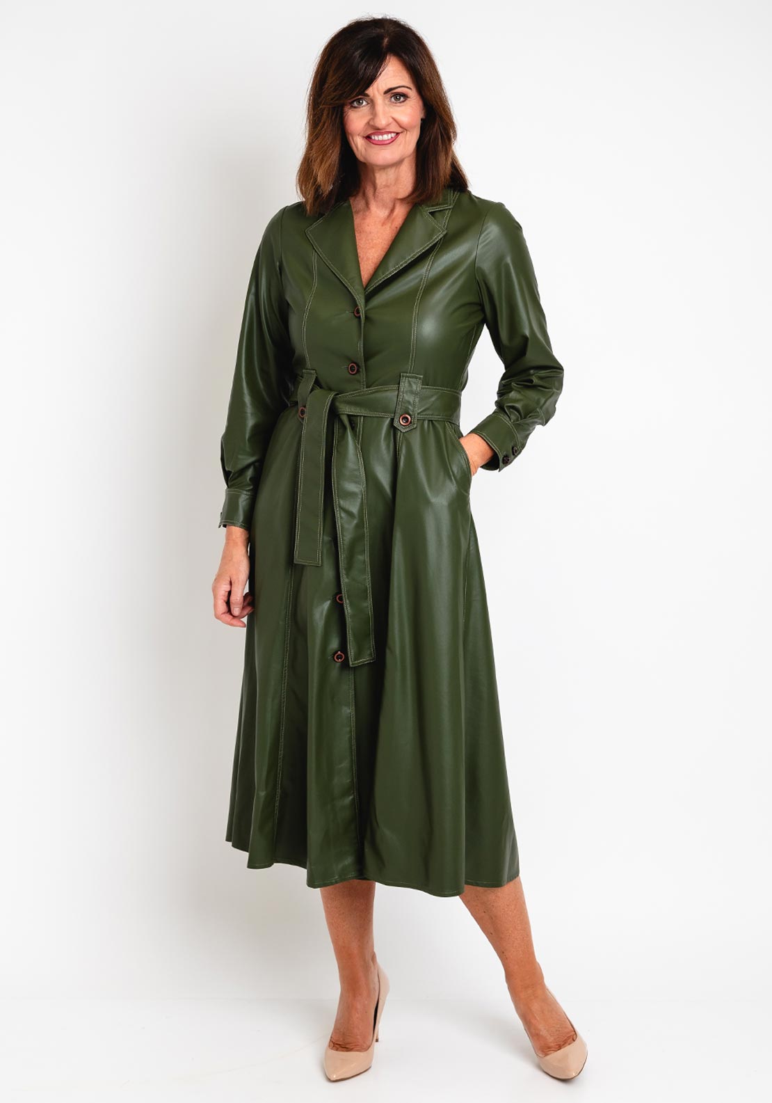 Camelot PU Trench Style Midi Dress, Deep Khaki - McElhinneys