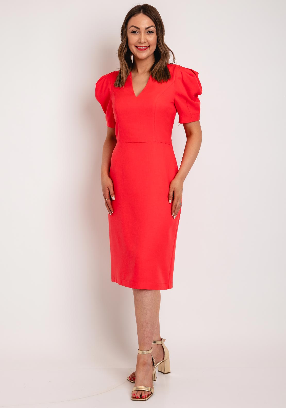 Camelot V-Neck Puff Sleeve Knee Length Dress, Coral