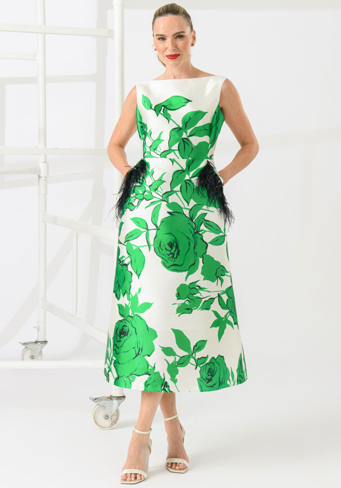 slim fit dress slacks Caroline Kilkenny Dee Floral Feather Trim Dress, Green