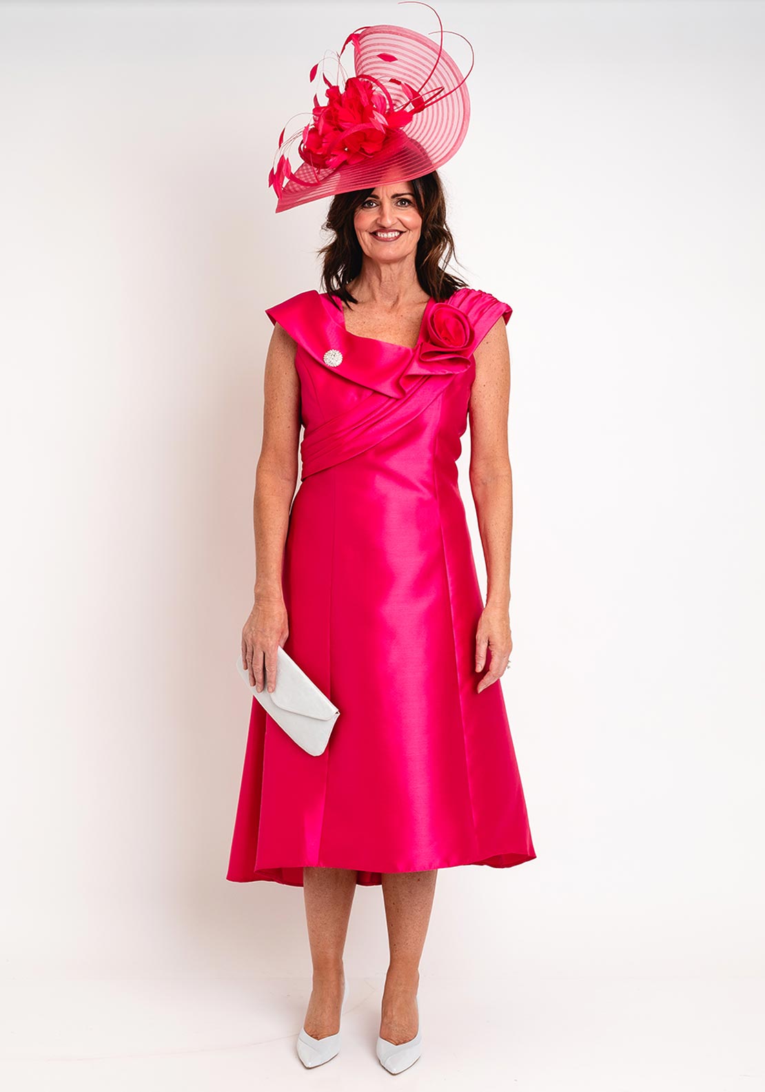 Cassandra Aya Corsage Detail Midi A-Line Dress, Pink - McElhinneys Cassandra Aya Corsage Detail Midi A-Line Dress, Pink - McElhinneys