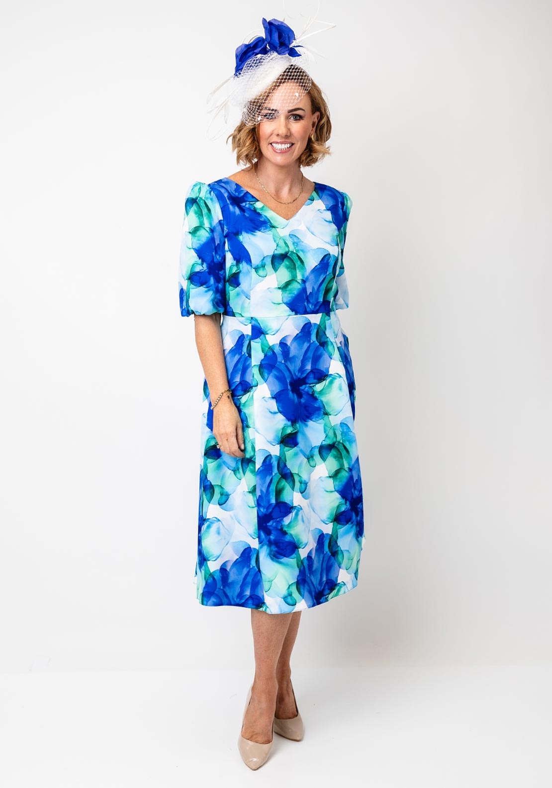 Coco Doll Modi Floral Print V Neck Flared Dress, Blue