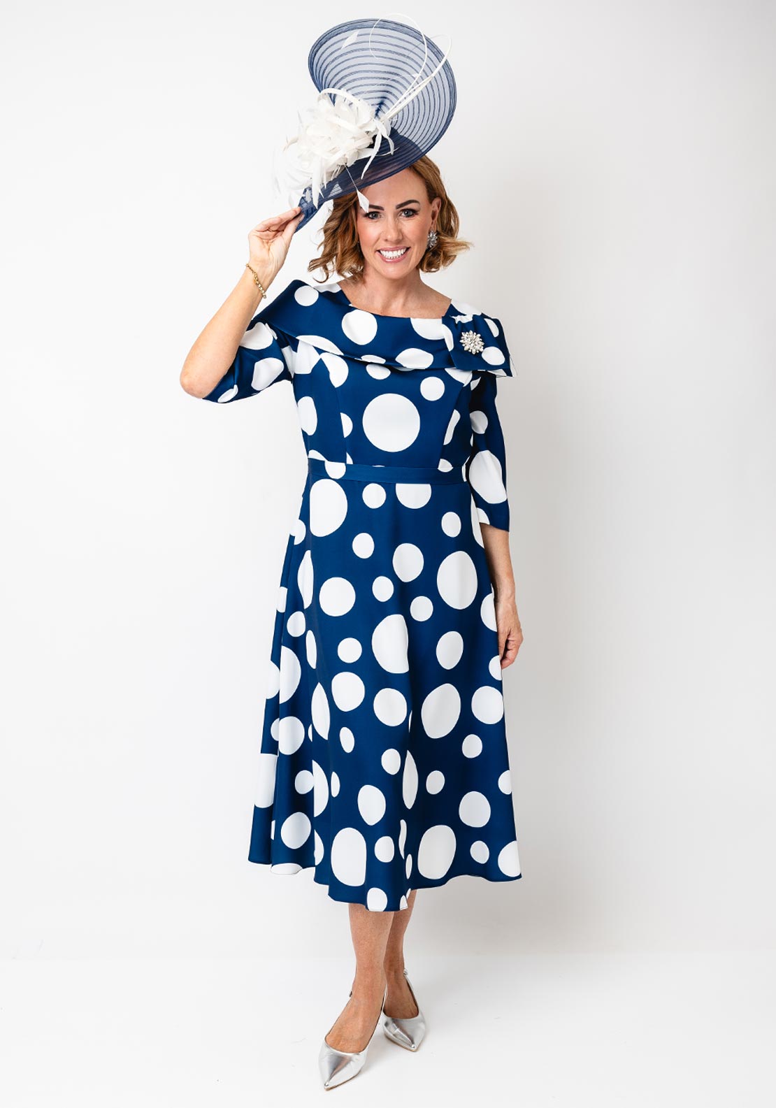 Cassandra Bell Polka Dot Fit and Flare Dress, Navy - McElhinneys Cassandra Bell Polka Dot Fit and Flare Dress, Navy - McElhinneys