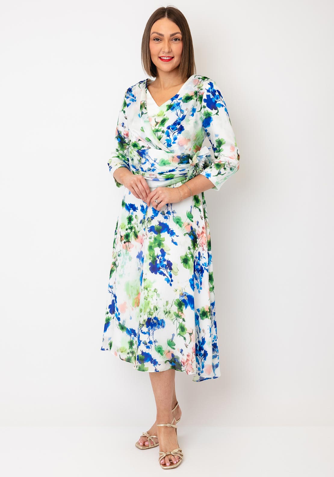 Cassandra Carly Floral V-Neck Floral Midi Dress, White Multi