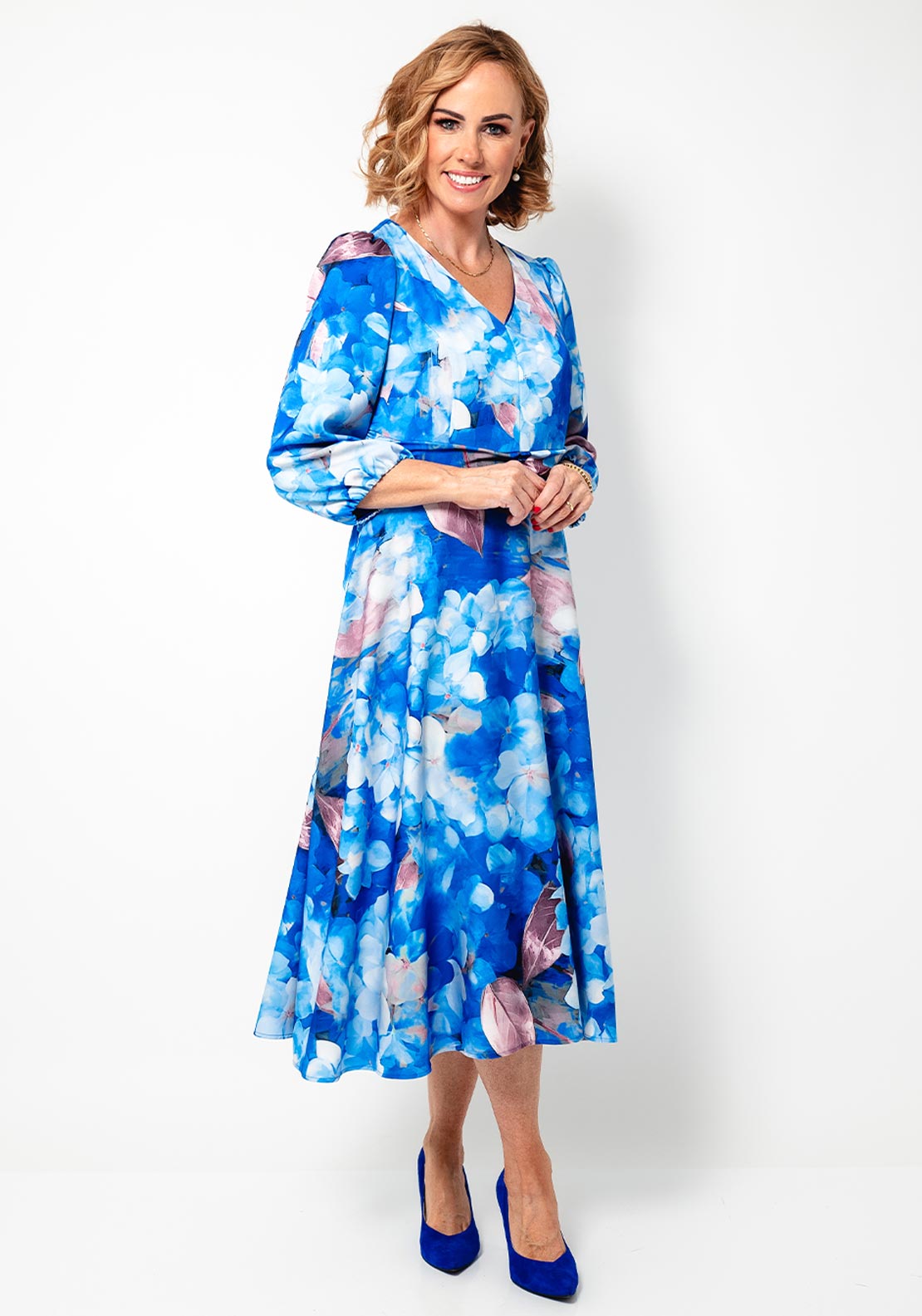 Cassandra Carly Floral V Neck Aline Dress, Blue
