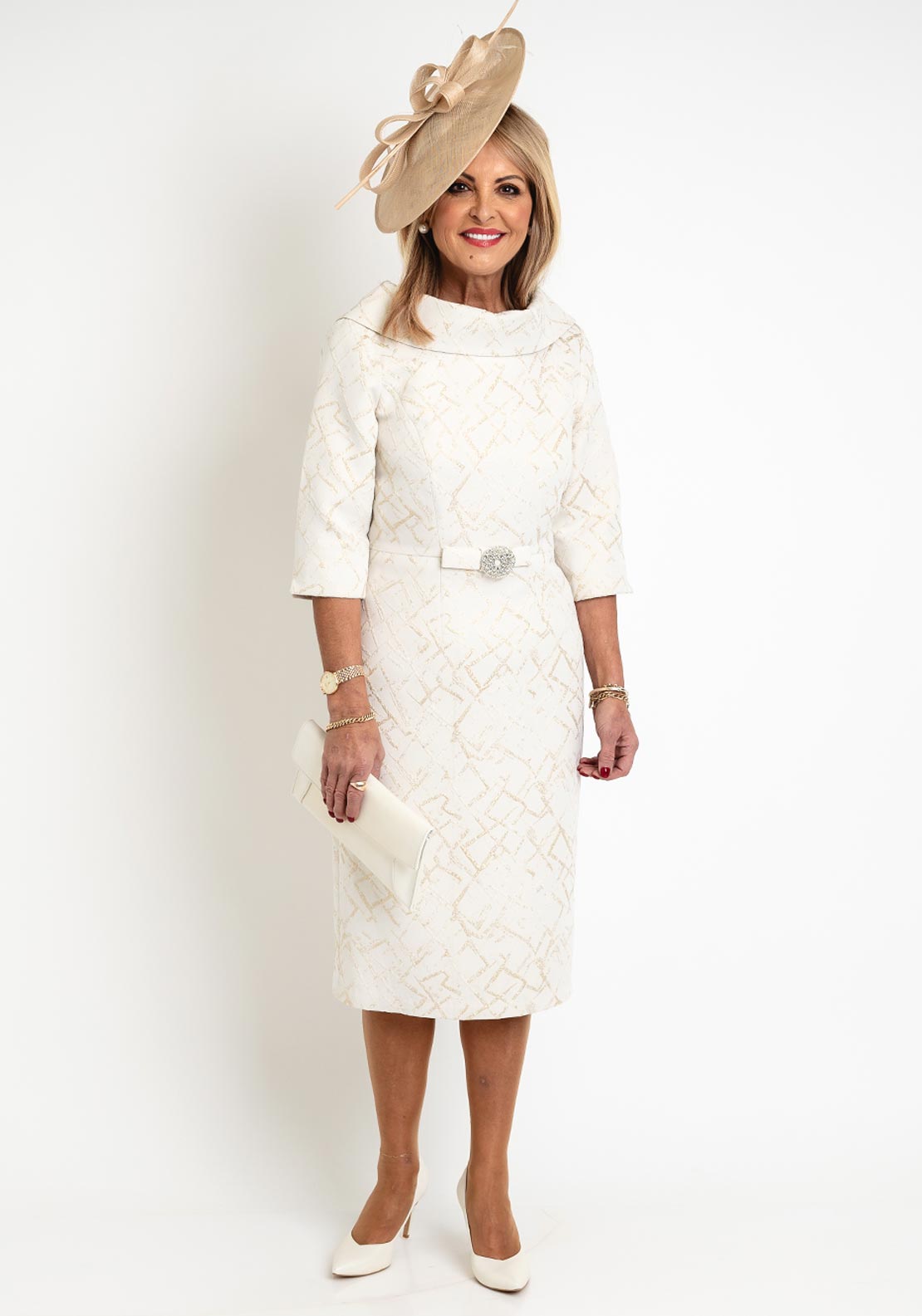 Cassandra Metallic Jacquard Midi Dress, Gold - McElhinneys