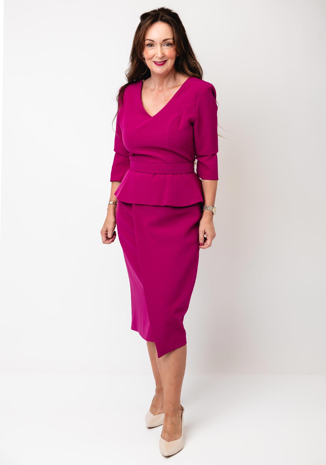 Casting Peplum V Neck Pencil Midi Dress, Pink