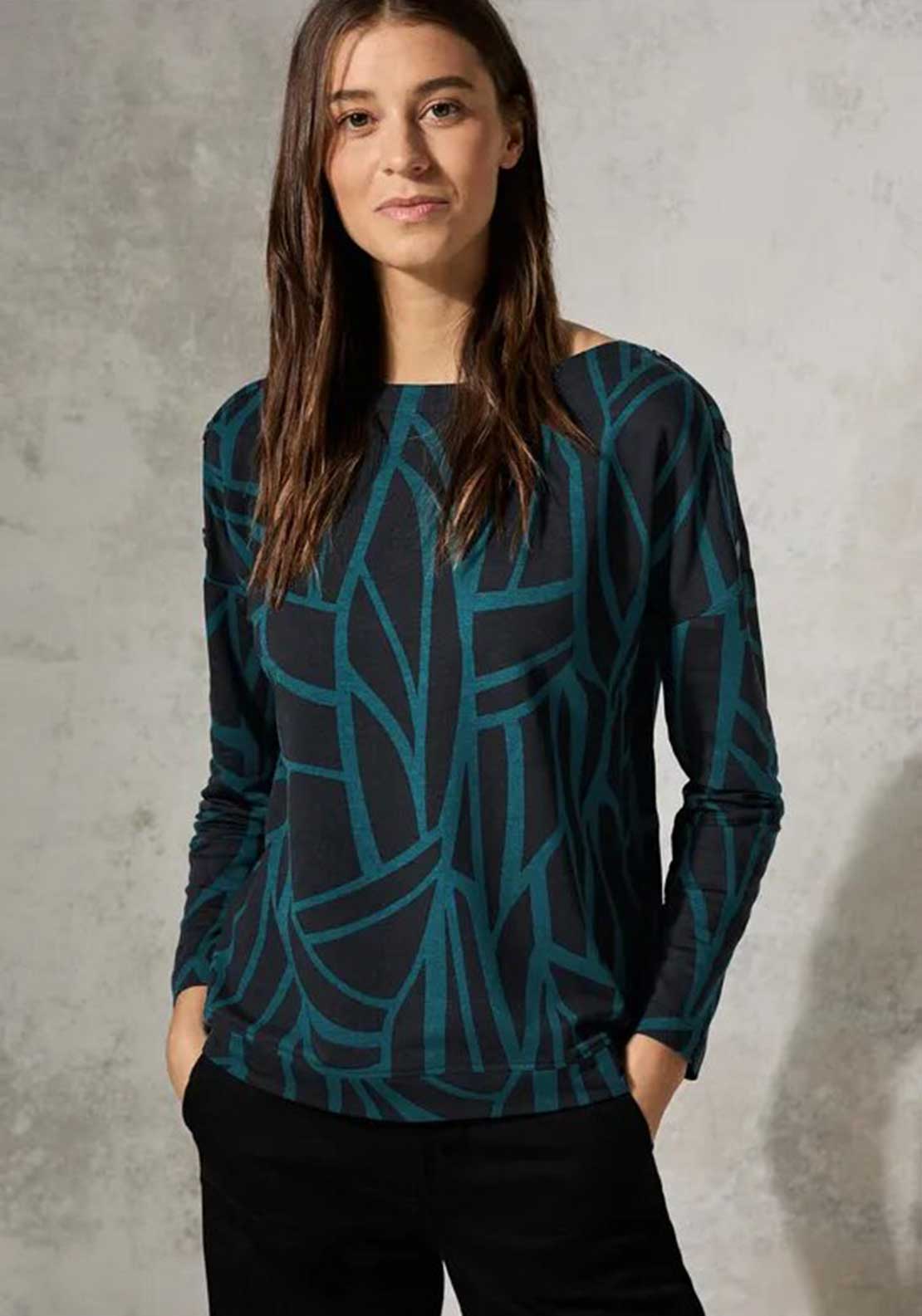 Cecil Button Shoulder Geometric Print Top, Black