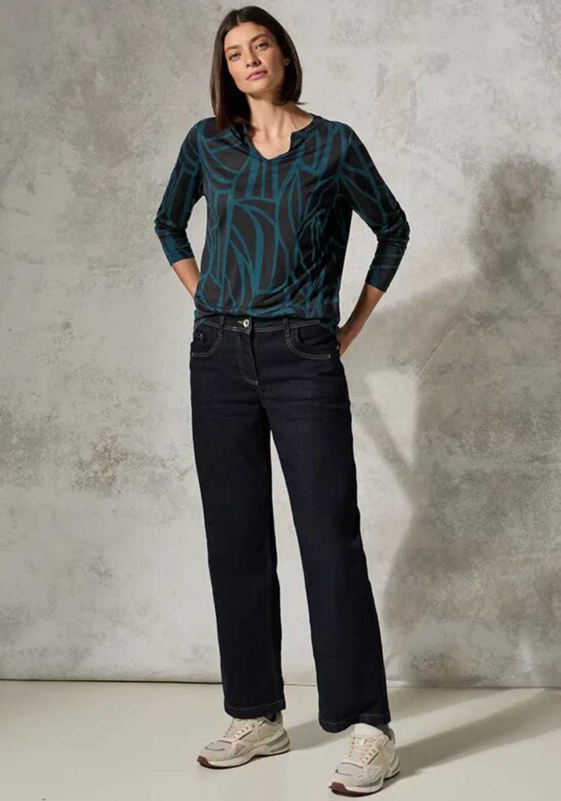 Cecil Geometric Print Top, Black and Teal