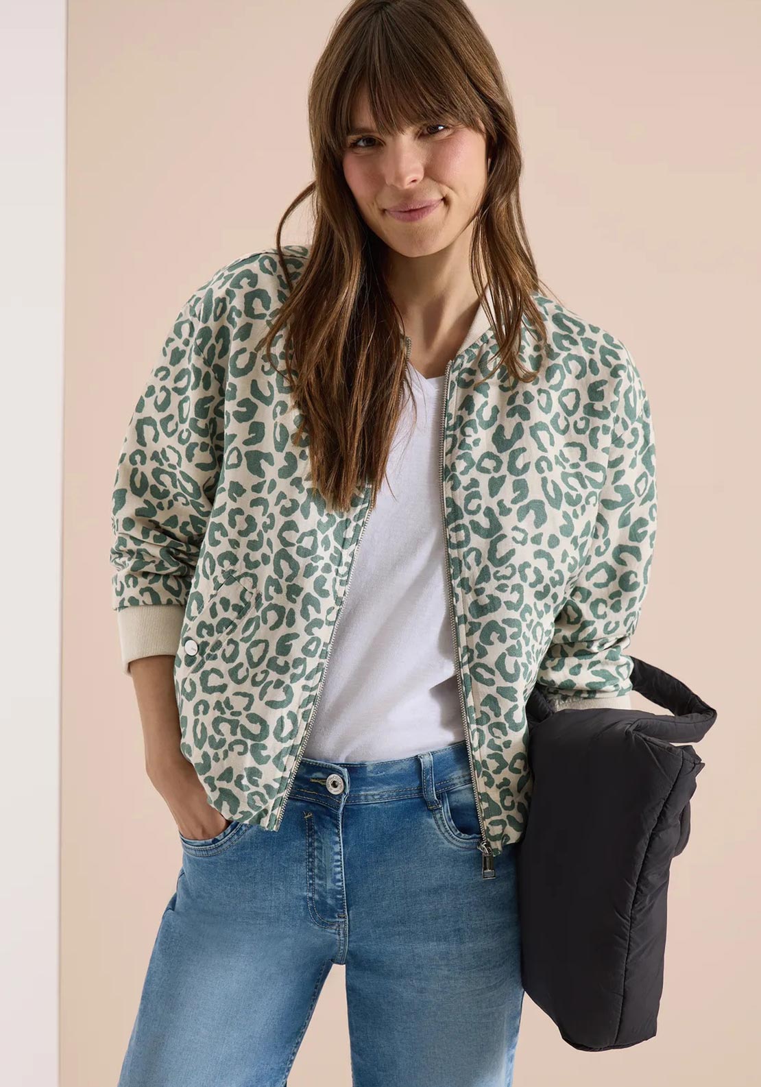 Cecil Leopard Print Linen Bomber Jacket, Green