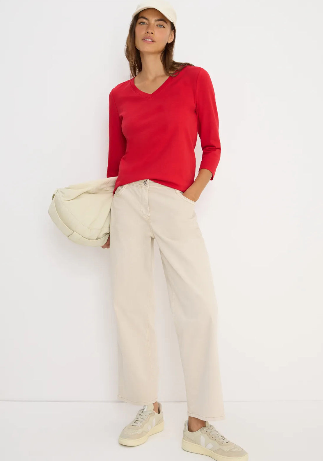 Cecil V Neck Cropped Sleeve Top, Red