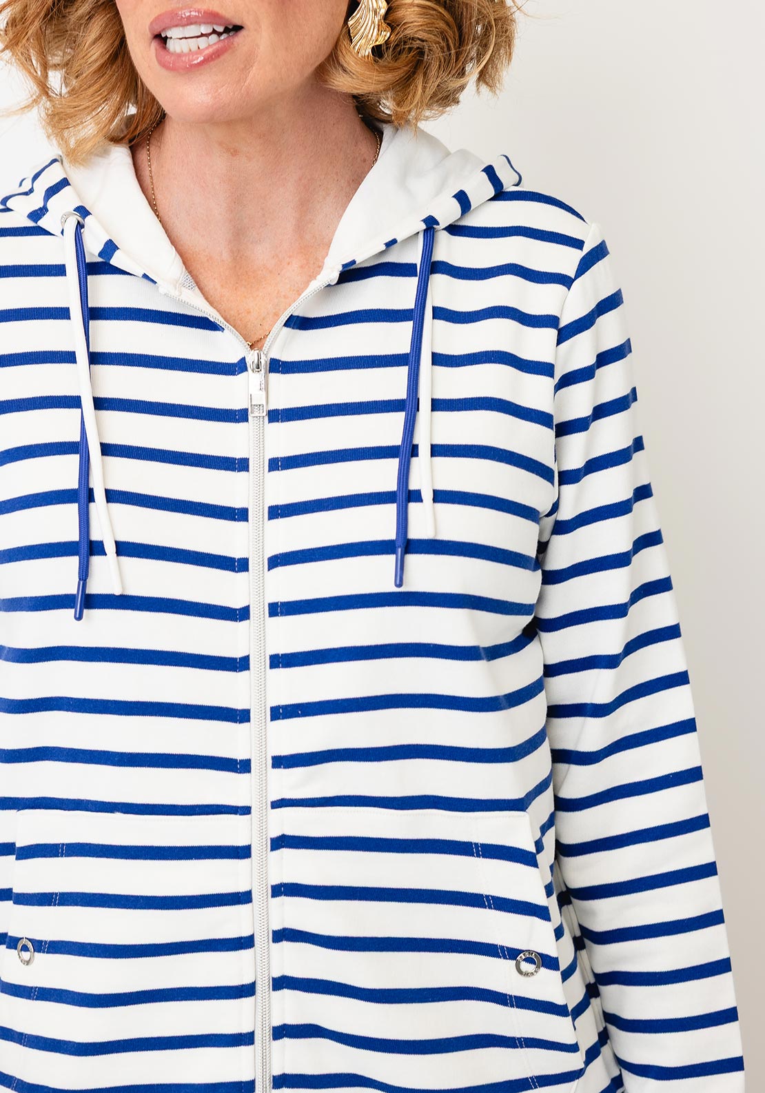 Cecil Striped Zip Up Cardigan, White and Blue
