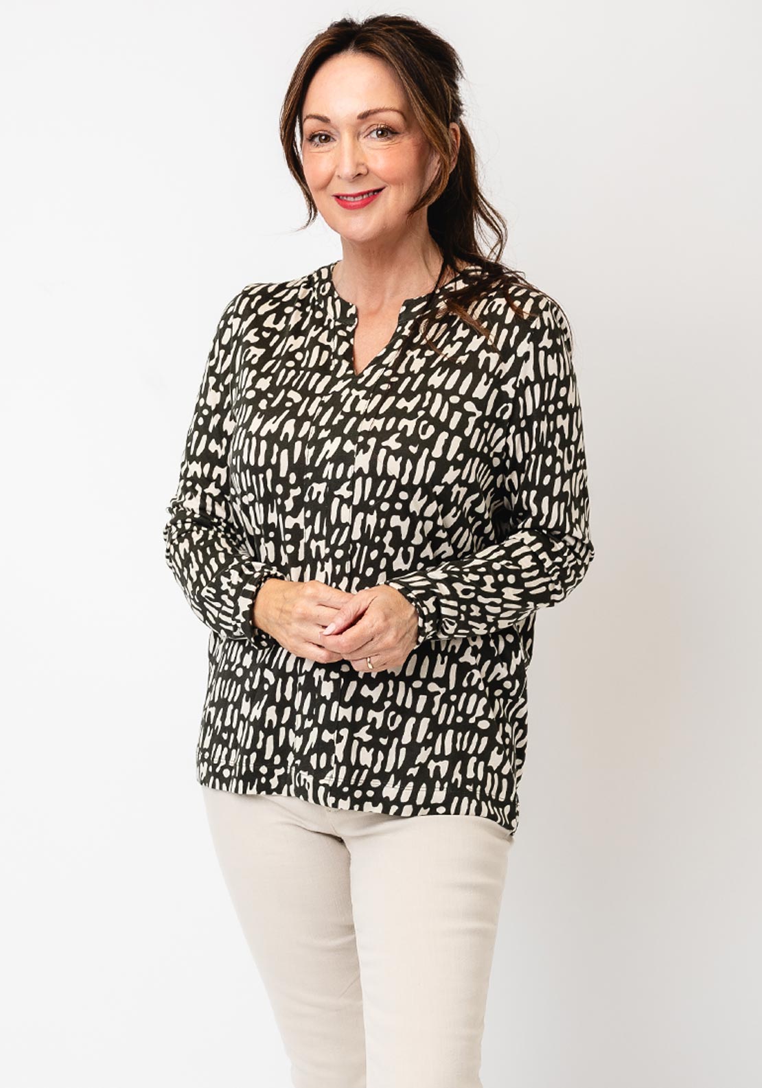Cecil Abstract Print V-Neck Top, Green