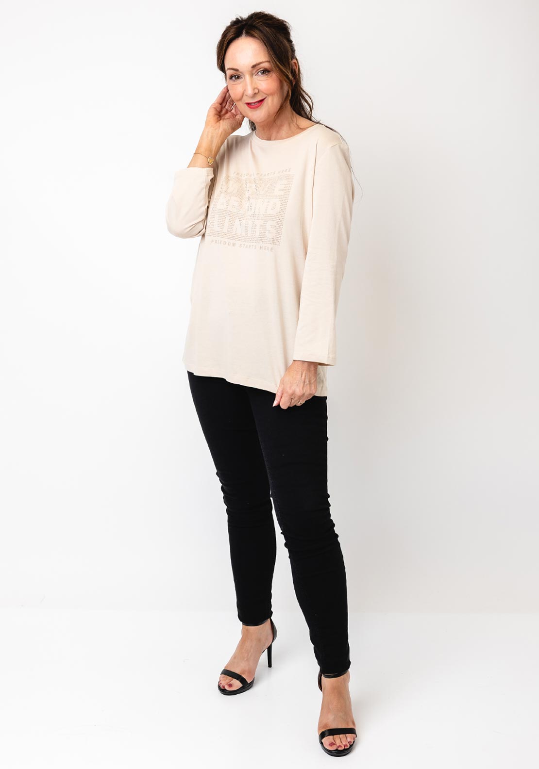 Cecil Rhinestone Embellished Graphic Top, Beige