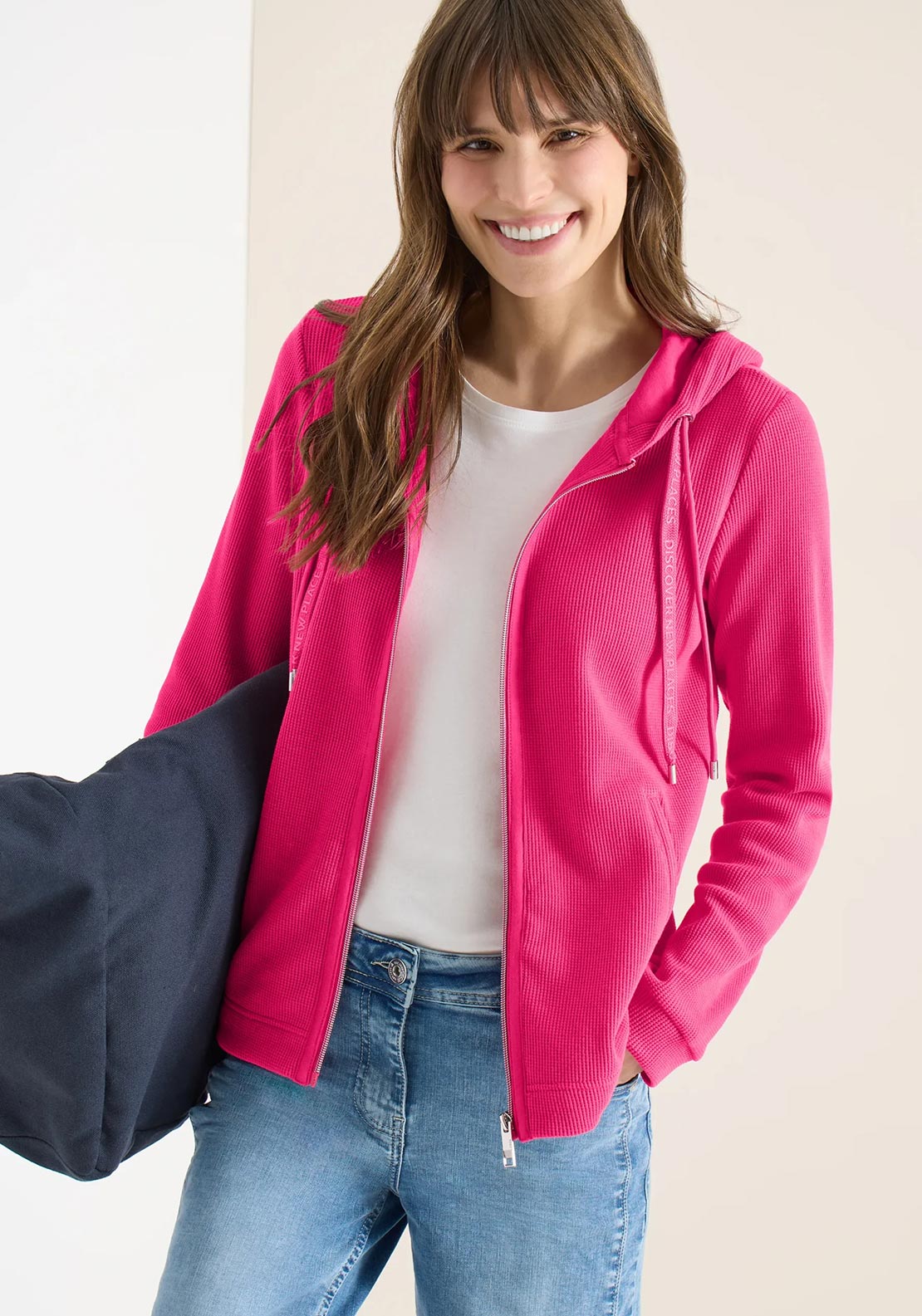 Cecil Waffle Knit Full Zip Hoodie, Pink