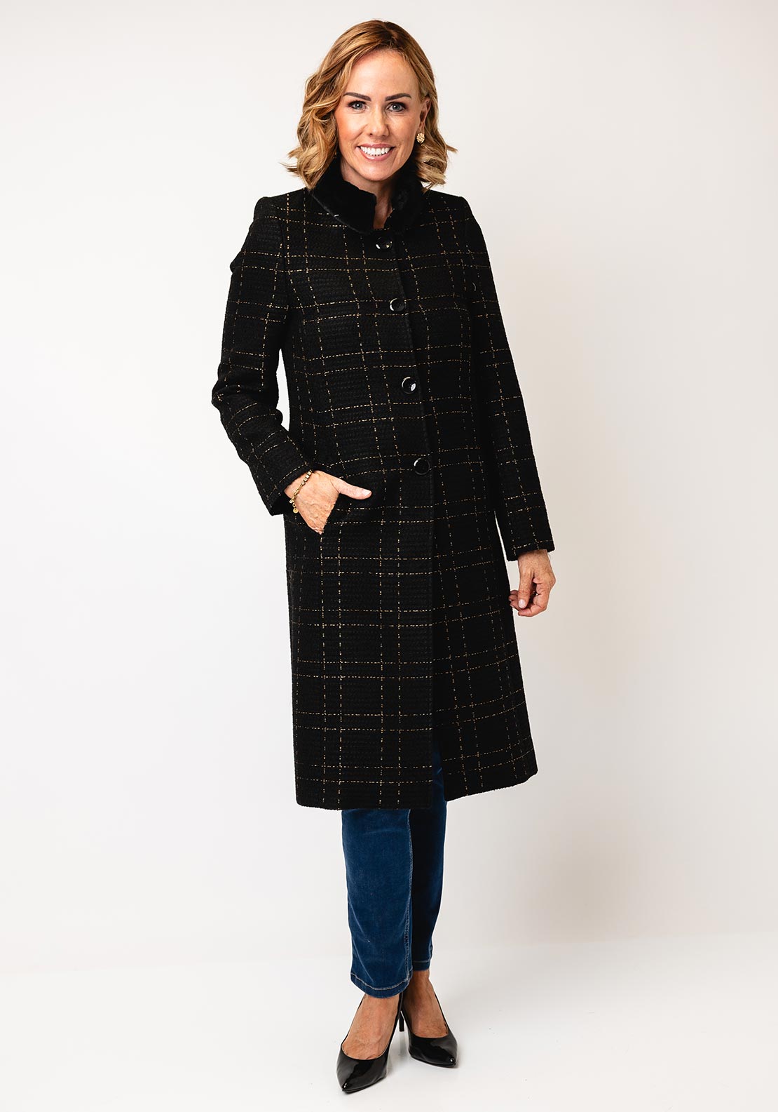 Christina Felix Check Print Boucle Coat, Black - McElhinneys