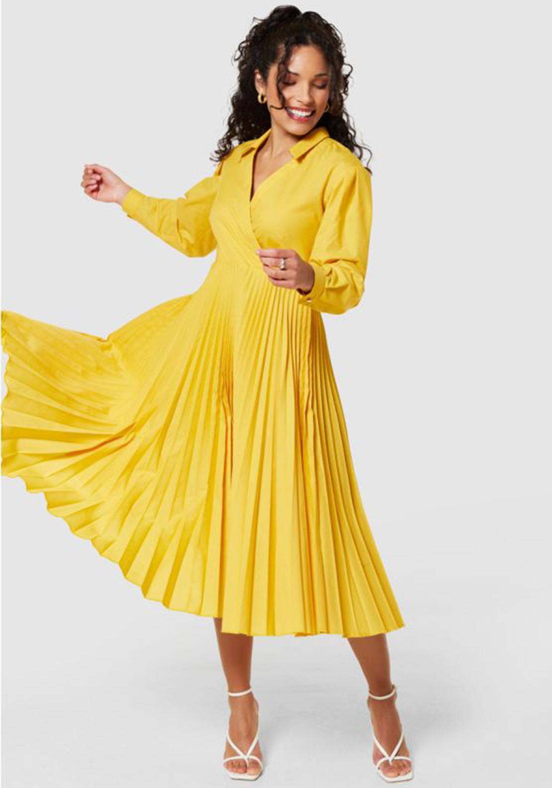 Closet Pleated Wrap Midi Dress, Yellow