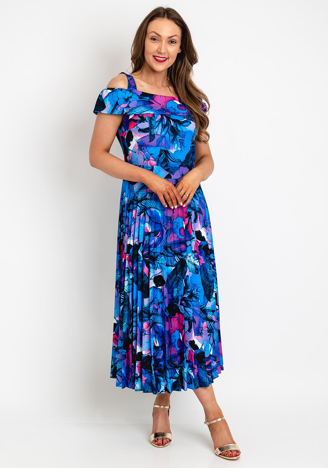 Coco Doll Floral Print Pleated Midi Dress, Royal Blue Multi