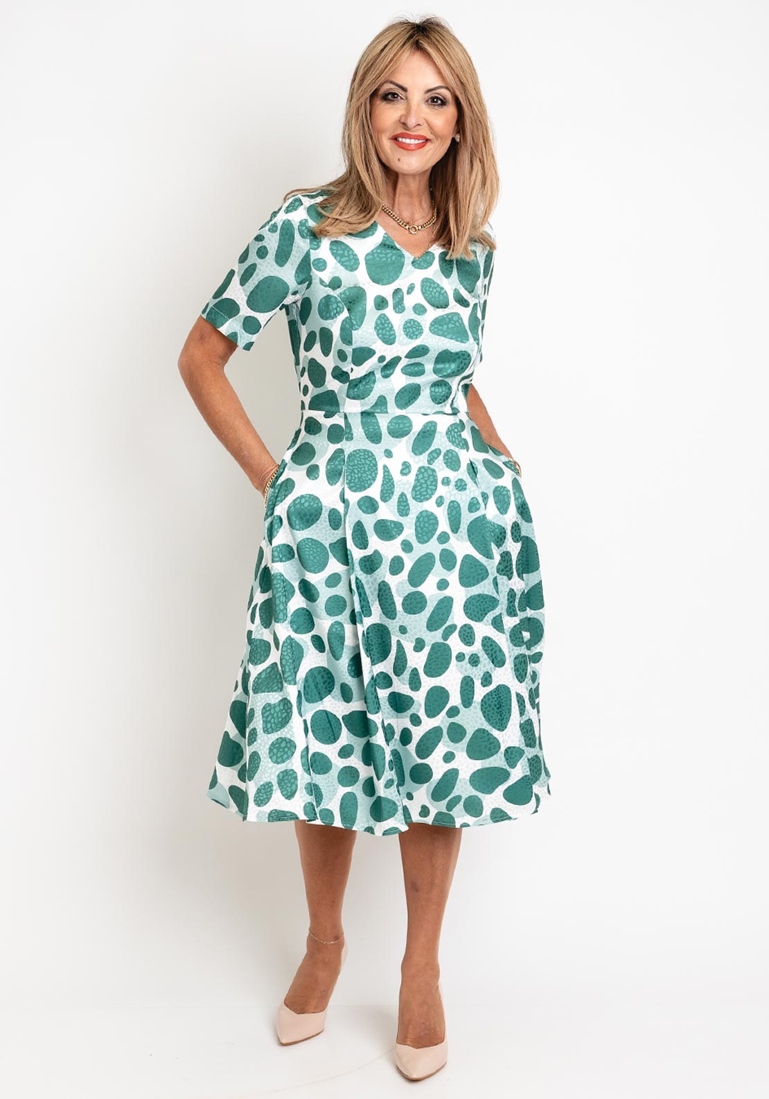 Coco Doll Judy Satin Feel Spot Print Midi Dress, Green Spot McElhinneys