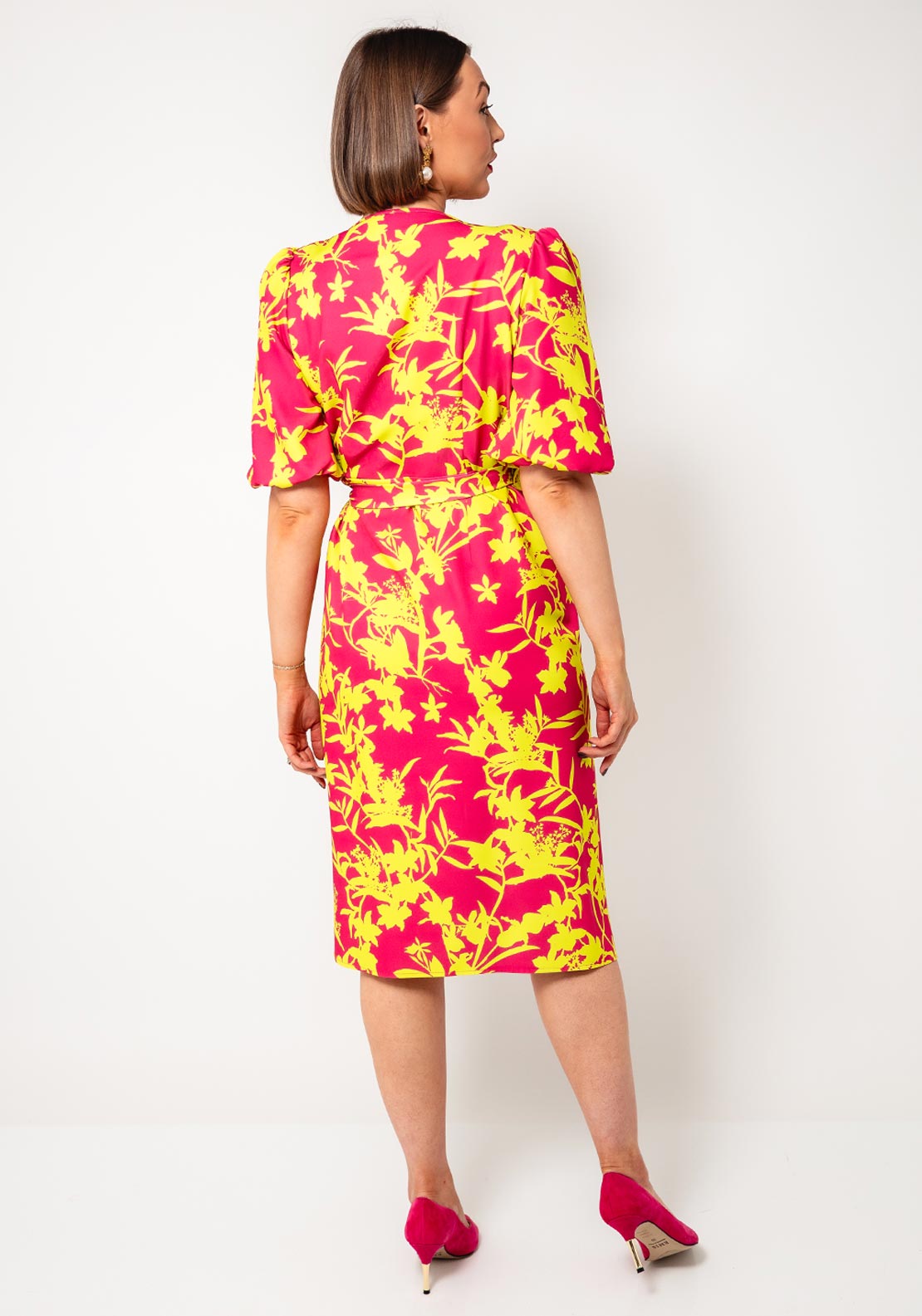 Coco Doll Laney Floral Print Wrap Dress, Pink and Yellow