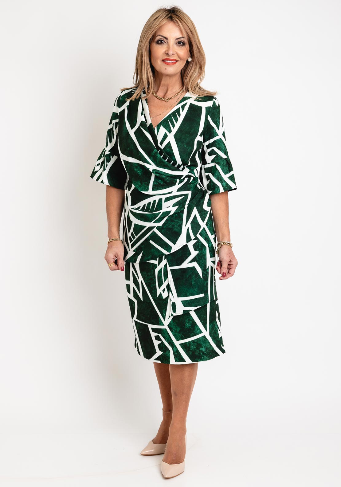 Coco Doll Robi Print Draped Bodice Midi Dress, Green McElhinneys