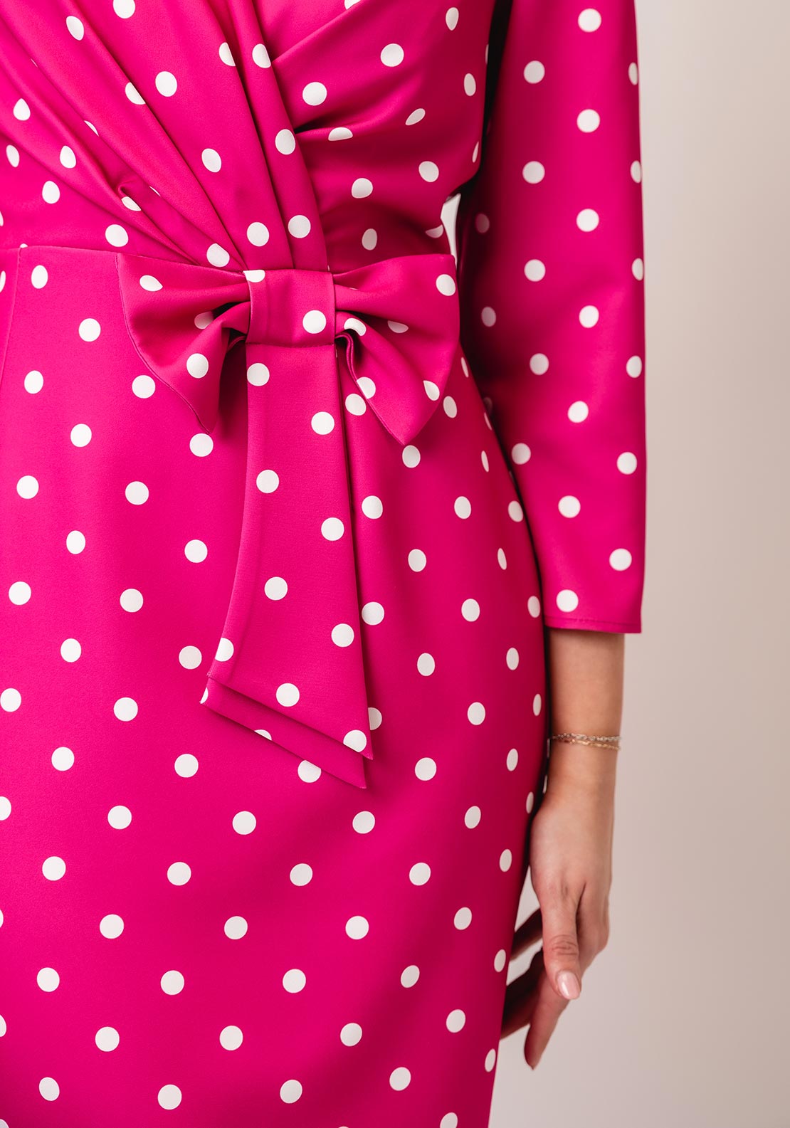Coco Doll Terri Bow Detail Polka Dot Pencil Midi Dress, Pink